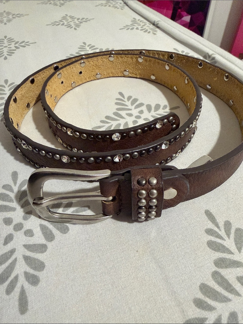 Studded Brown Leather Belt with Crystal Accents